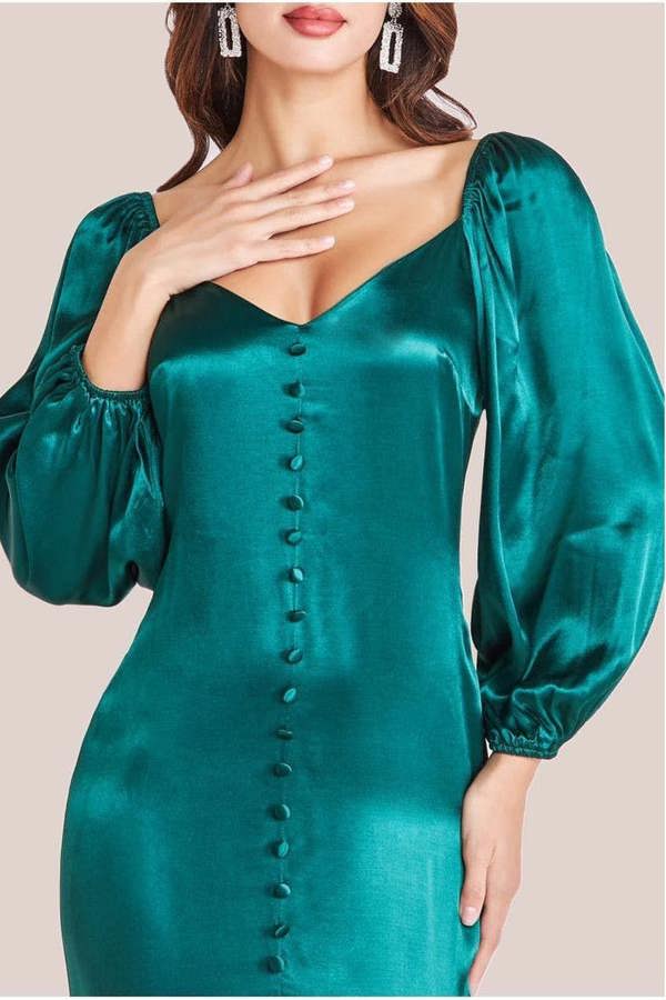 Satin Viscose Front Buttoned Dipped Hem Midaxi Dress - Emerald DR3899