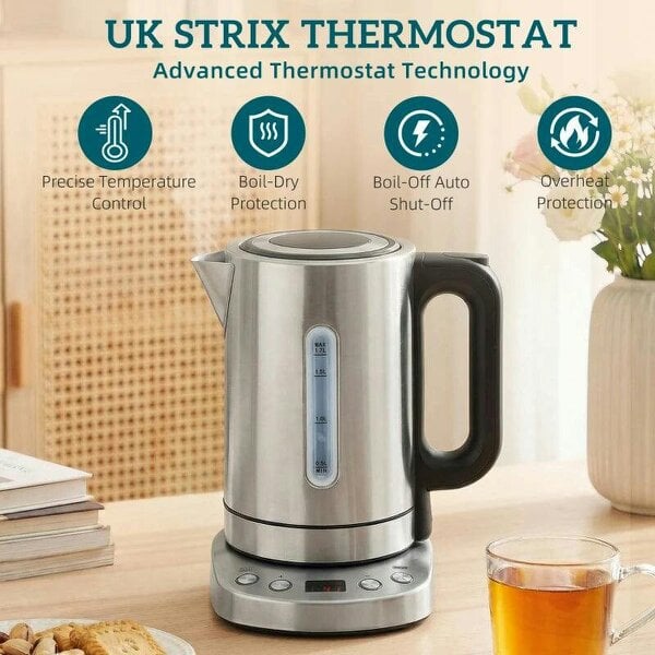 Electric Kettle, 1.7L, Fast Boil, 3kW Water Kettle with UK Strix Thermostat, Keep Warm Function, LCD Base, Silver Tone