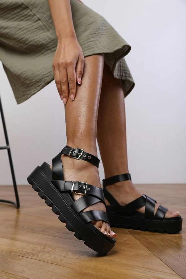 Where's That From Dakota Buckle Strap Platform Sandals in Black Faux Leather