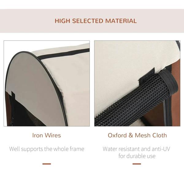 Black mesh window and iron-wire frame on brown folding fabric pet crate
