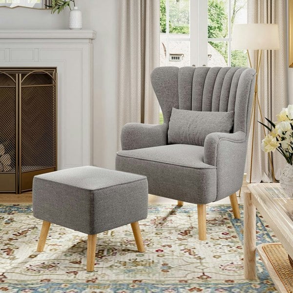 Grey Linen Armchair and Footstool Wingback Chairs Living and Home