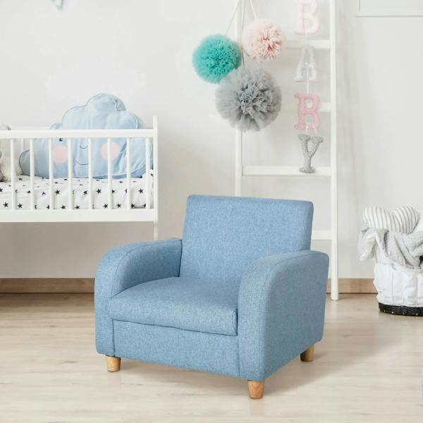 Blue toddler armchair with high back, rounded arms, and wooden legs