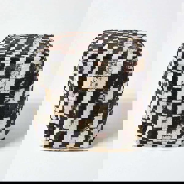 HOMESCAPES Genuine Leather Brown Check Design Bean Filled Pouffe