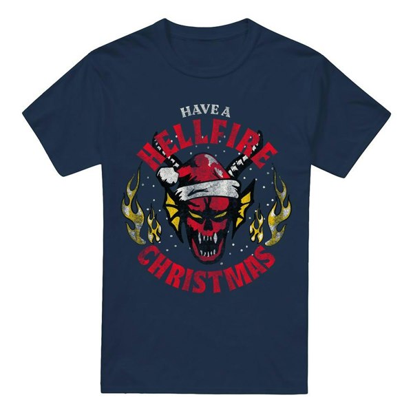 Stranger Things Mens Hellfire Christmas T-Shirt - Navy