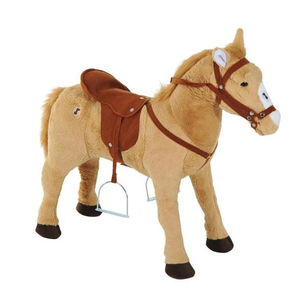 Beige plush ride-on horse toy with brown saddle, bridle, reins, and footrests