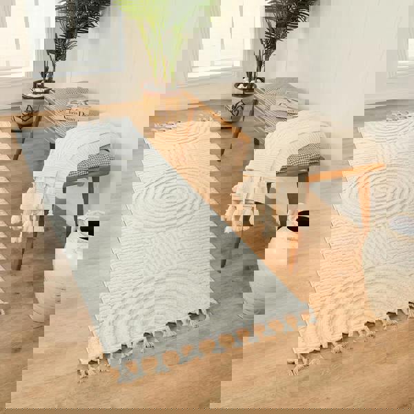 Livabliss Nora-Geometric Grey Ivory High Pile Fringe Rug