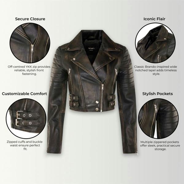 Infinity Leather Womens Cropped Brando Leather Biker Jacket-Damascus
