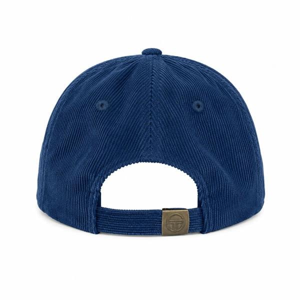 Maritime blue corduroy baseball cap with an adjustable strap and metallic Sergio Tacchini logo buckle.