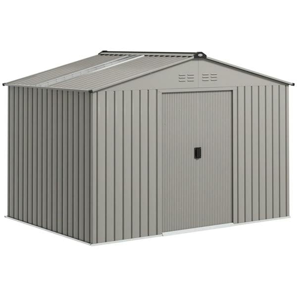 Grey metal outdoor storage shed with gable roof, side vents, and front double doors