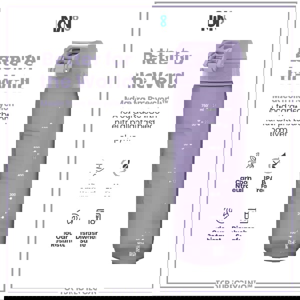 A lavender-colored water bottle sits against a white background. It is made from Recyclon™, a plant-based polymer, and is BPA-free, odor-resistant, and dishwasher-safe. The bottle displays measurement markings in milliliters and ounces.
