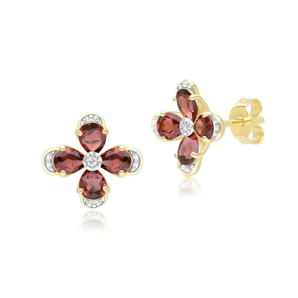 Gemondo Floral Garnet & Diamond Stud Earrings in 9ct Yellow Gold