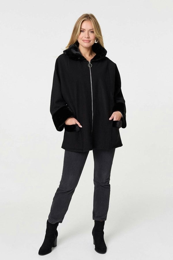 Black | Faux Fur Trim Zip-Up Relaxed Jacket

