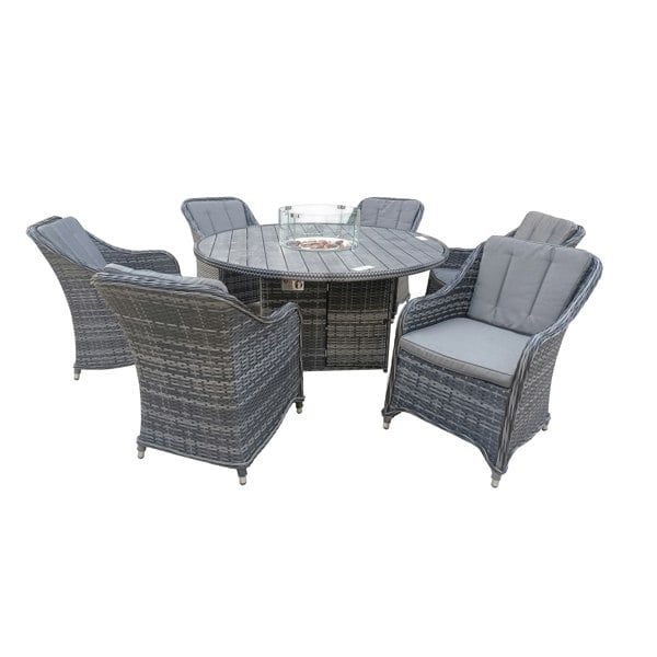 Furniture One 7 Piece 6 Seater Rattan Dining Sets with 150cm Round Gas Fire Pit Dining Table and Padded Rattan Armchair | Fully Assembled Chairs