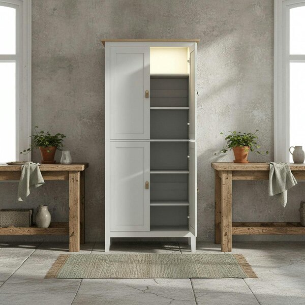 Wyld Haus Kaha Wooden White Tall Pantry Cabinet With Motion Sensor LED Lighting 176.5 cm