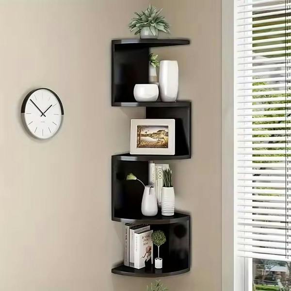 Havendro 5 Tier Black Floating Corner Shelves Wall Mount Wooden Storage