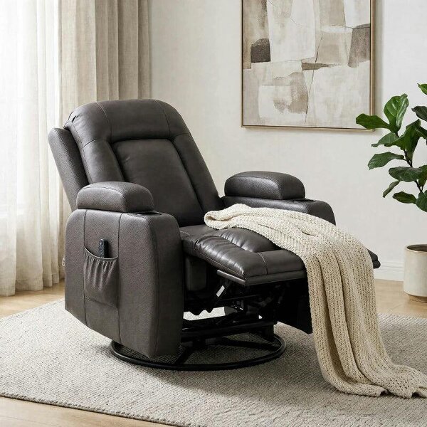 PU Leather Recliner Chair, Recliner Armchair with Extended Footrest, Cup Holders and Side Pockets, Dark Brown
