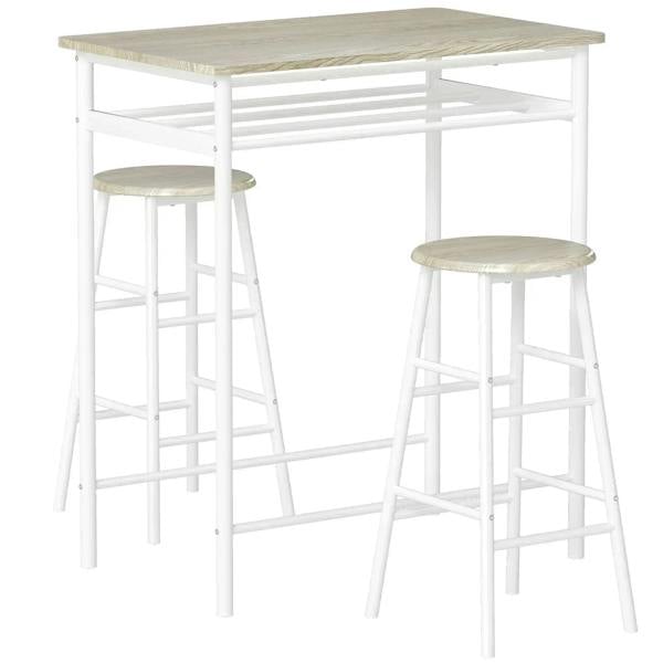 White bar table with oak-look top and two matching stools with footrests