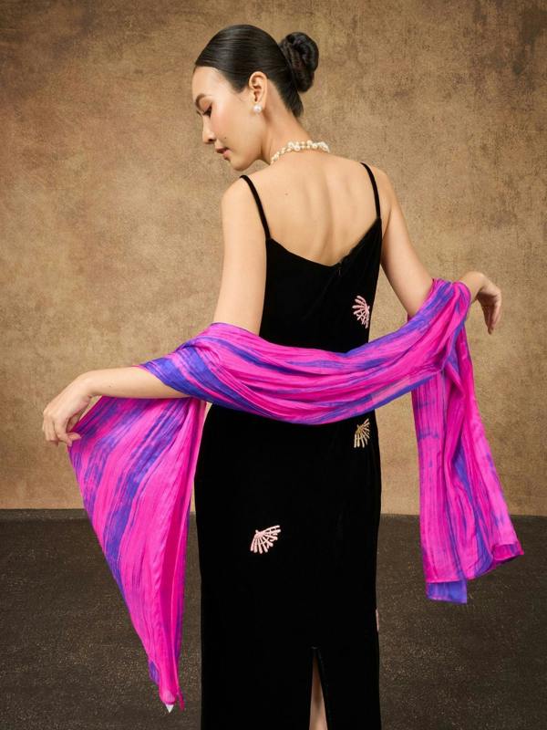 Fuchsia & Blue Brushstroke Silk Scarf – Hand-Dyed Mulberry Silk, Statement & Party Wrap