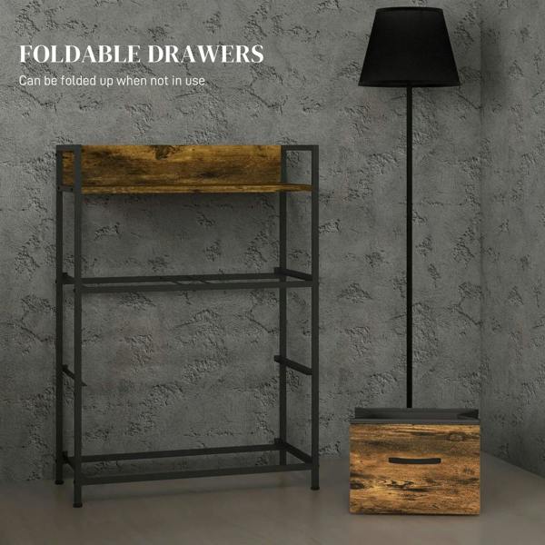Open-frame rustic drawer chest with brown top panel and foldable drawer base section