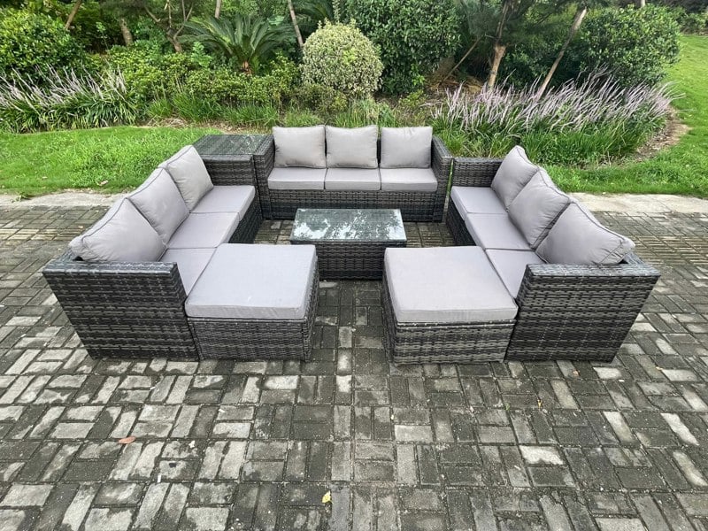 Fimous Outdoor Lounge Sofa Set Wicker PE Rattan Garden Furniture Set with Oblong Coffee Table Side Table 2 Big Footstool 11Seater Dark Grey Mixed