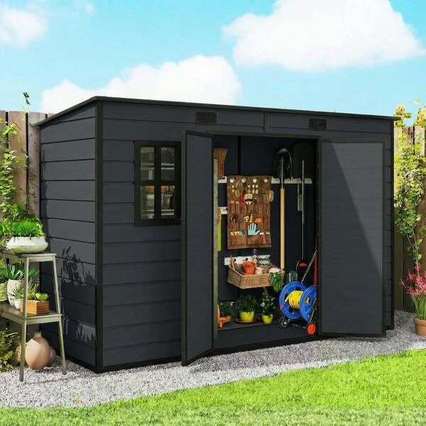 10 x 4 ft Resin Garden Shed, Outdoor Storage Shed with Floor, Windows, Lockable Doors and Vents, Dark Grey - Dark Grey