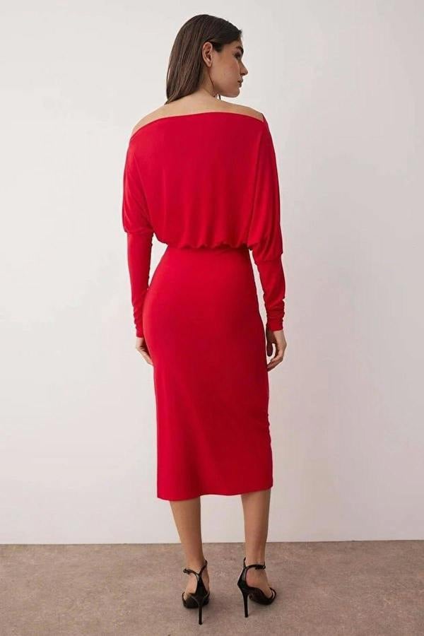 WOVCOR Asymmetrical Collar Stretchy Midi Knit Dress