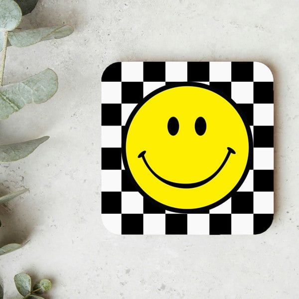 Love Frankie Checkerboard Coasters Smiley Face Coasters - Liquorice