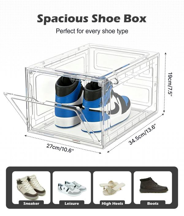 ADOV Shoe Storage Box 6 Pcs, Transparent Stackable Plastic Shoe Organiser Boxes with Lids