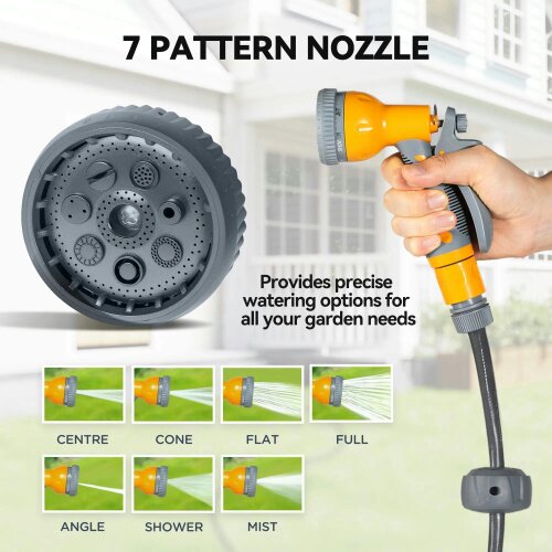 Bobobiy Retractable Hose Reel Wall Mounted, 30+2m Garden Hose Pipe Reel with Lock, 7 in 1 Spray Nozzle, 180° Swivel, 59 x 23 x 42 cm, Orange