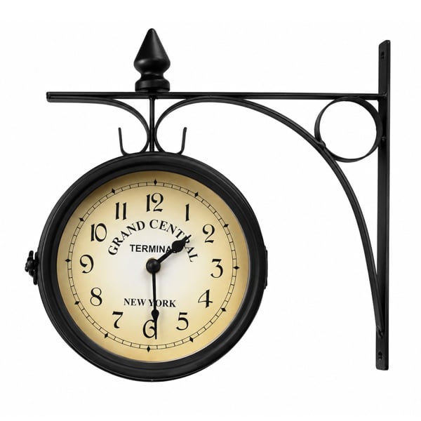 Double Sided Garden Clock in Black Metal with Mounting Bracket