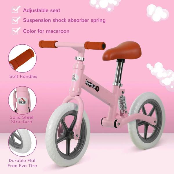 Pink kids balance bike with soft handle grips, adjustable seat, and EVA tires