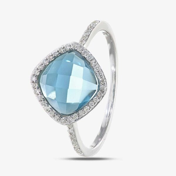 T. H. Baker 9ct White Gold Cushion Cut Blue Topaz Diamond Set Shoulder Ring DR1503W BT