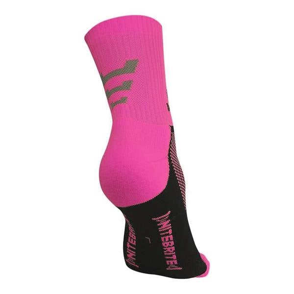 Fluro pink Optimum NiteBrite cycling sock, rear view with black sole and grey stripes, on white - Optimum