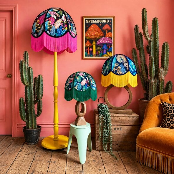 Love Frankie Bo - Vintage Fringed Dome Lampshade in Acid Jungle with Pink Fringe