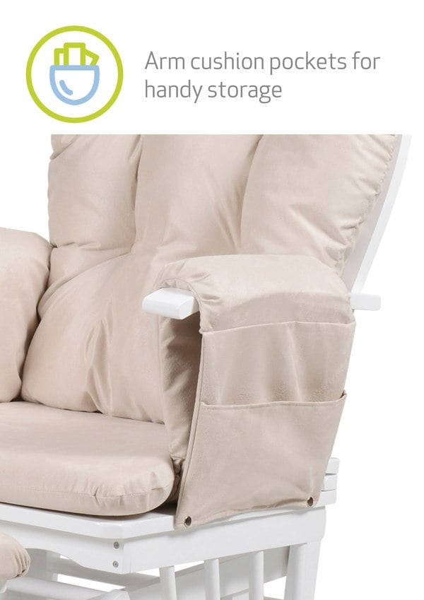 Arm cushions for handy storage - White and beige glider nurcing chair