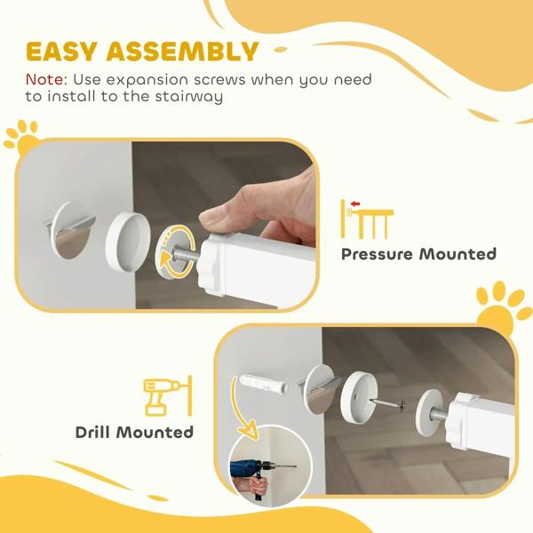 White pet safety gate assembly infographic with pressure mounted and drill mounted options