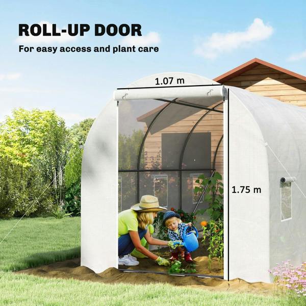 White greenhouse with roll-up door opening and clear arched cover for plants