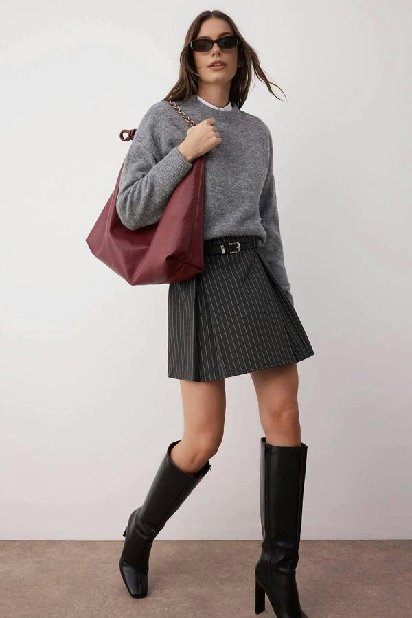 WOVCOR Belted Striped A-Line Woven Mini Skirt