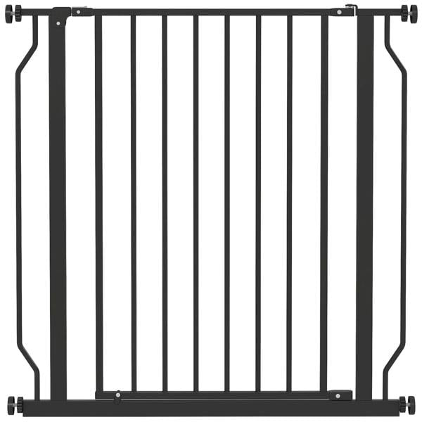 Black extra-wide dog gate with vertical bars and pressure-mounted side rails