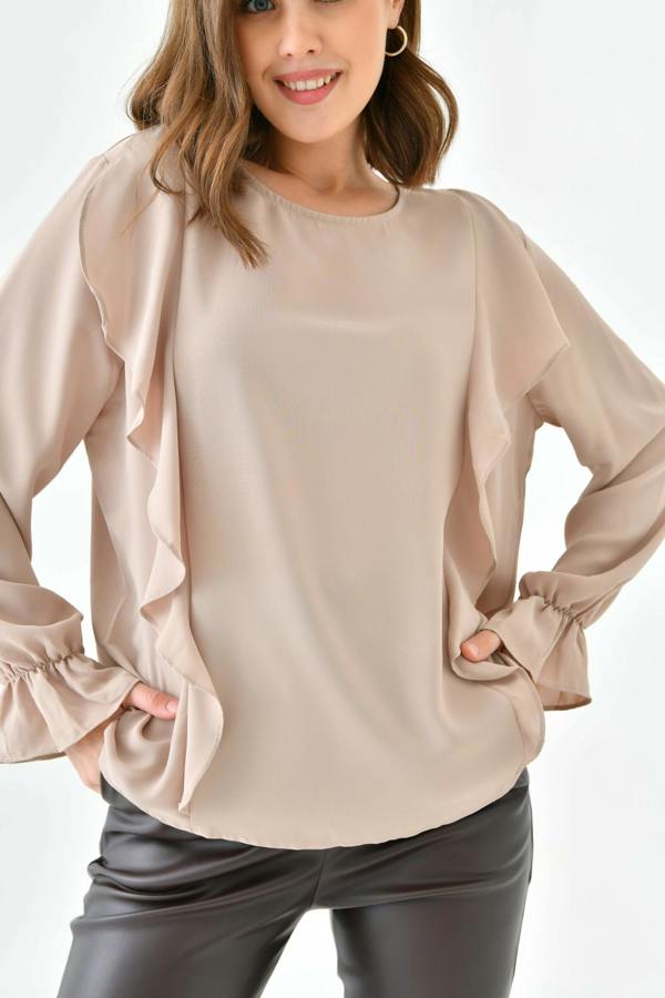 Hoxton Gal Oversized Frilled Front Blouse with Detailed Cuffs in Beige