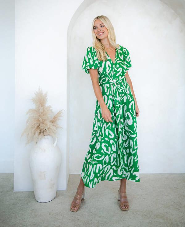 Needs No Label Green Wrap Tie Midi Dress