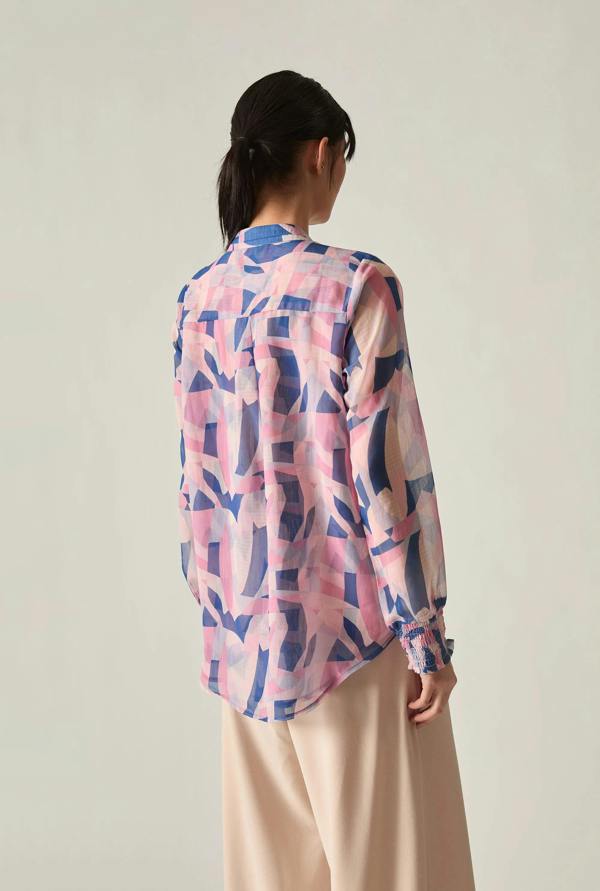 Pink mosaic print blouse back view showing relaxed silhouette and drape