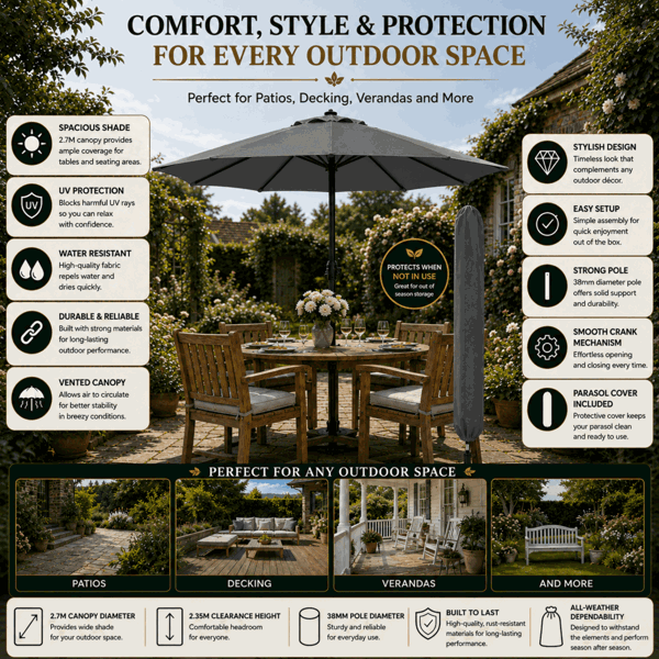 GlamHaus Garden Parasol Table Umbrella 2.7M Crank Handle, UV40 Protection, Includes Protection Cover, Robust Steel - Dark Grey