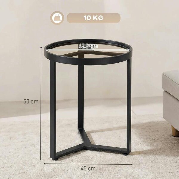 Round Side Table with Tempered Glass Top and Geometric Metal Frame for Small Space, Black