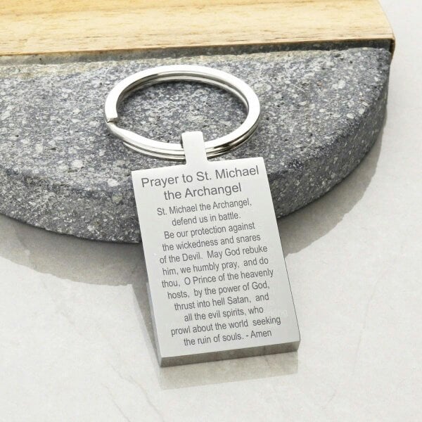 Christopher James of London Mirror Polished Personalised Rectangle St Michael Keyring With Prayer