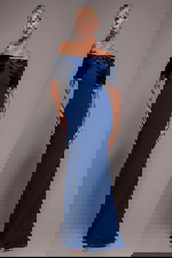 Twist Knot Satin & Scuba Bardot Maxi Dress - Royal Blue DR4575