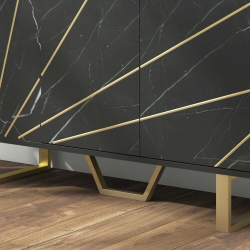 Wyld Haus Suno Black Marble Effect Sideboard Golden Metal Legs 3 Doors