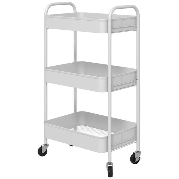 White three-tier storage trolley with curved top handles and three open storage levels