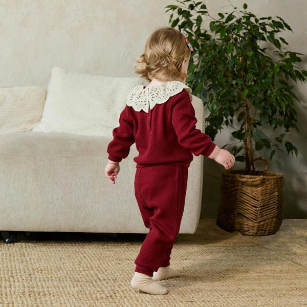 Mini Cuddles Baby Girls Broderie Collar Top & Joggers Set, Burgundy