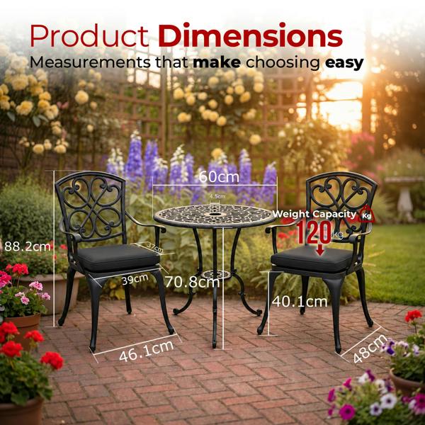 Centurion Supports VIVALDI Black 3-Piece Cast Aluminium Garden Bistro Set - with Black Cushions